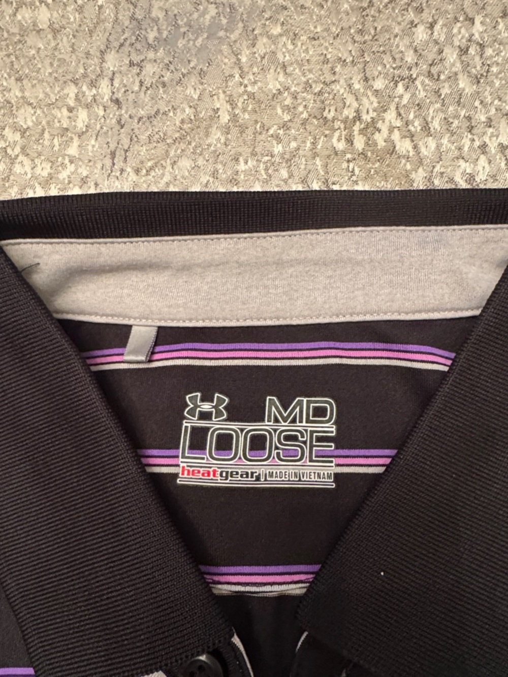 Under Armour Black Heatgear Polo with Purple Stripe Detail.  Medium. - Picture 2 of 7